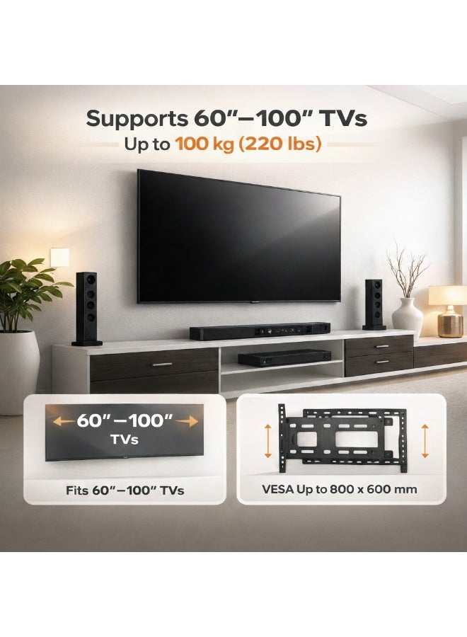 بيتيك حامل تلفزيون ثابت يدعم شاشات التلفزيون من 60 إلى 100 بوصة مما يصل إلى وزن 100 كجم (220 رطل)، يتوافق مع VESA حتى 800×600 مم، بُعد عن الجدار 63 مم، هيكل فولاذي متين مع لوحة قابلة للفك، مختبر لتحمل ثلاثة أضعاف الوزن، أسود | TF-86F - Image 2